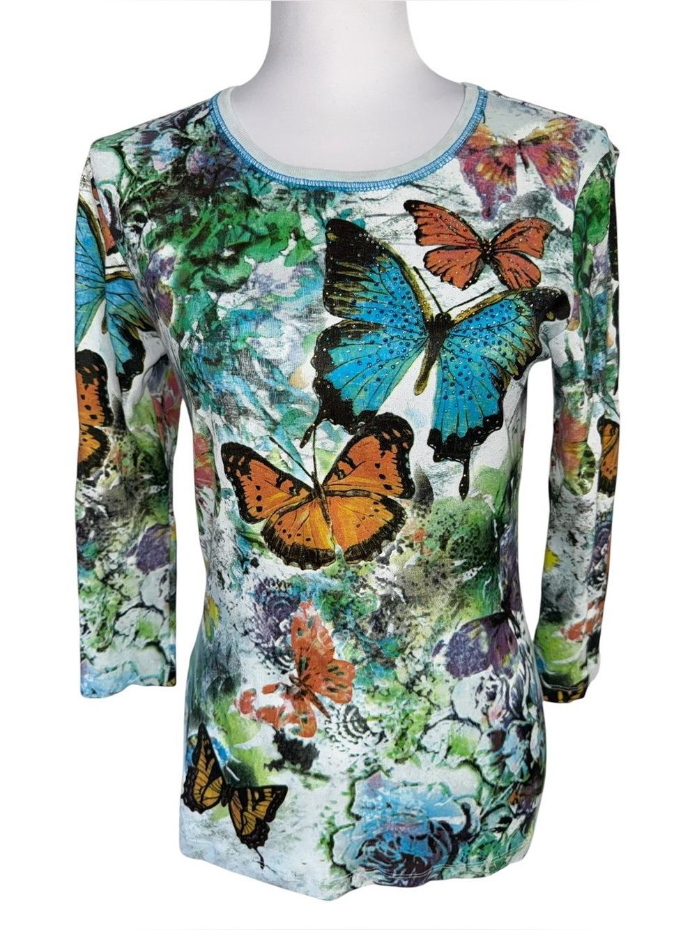 Morning Sun Womens Small Butterfly Floral Graphic Top 3/4 Sleeve Cotton Shirt